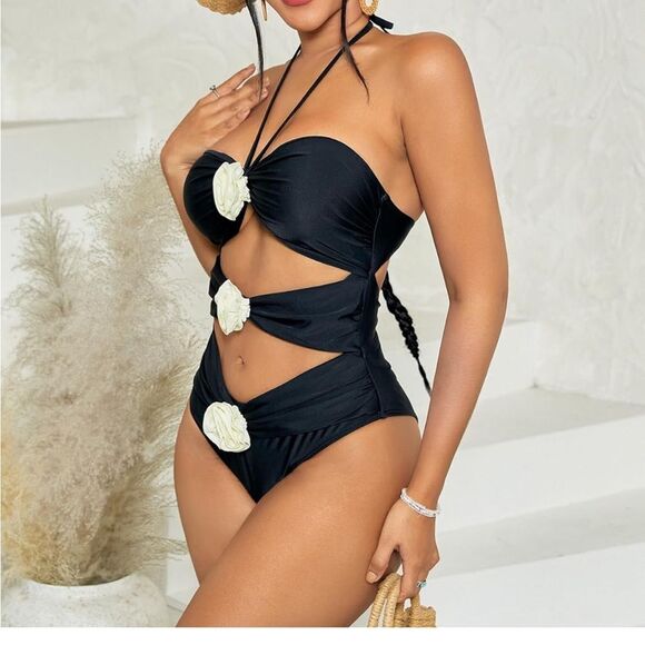 BEAUDRM Women's Halter Neck 3D Flower Decoration Sexy One-Piece Cut Out Swimsuit - Picture 4 of 7